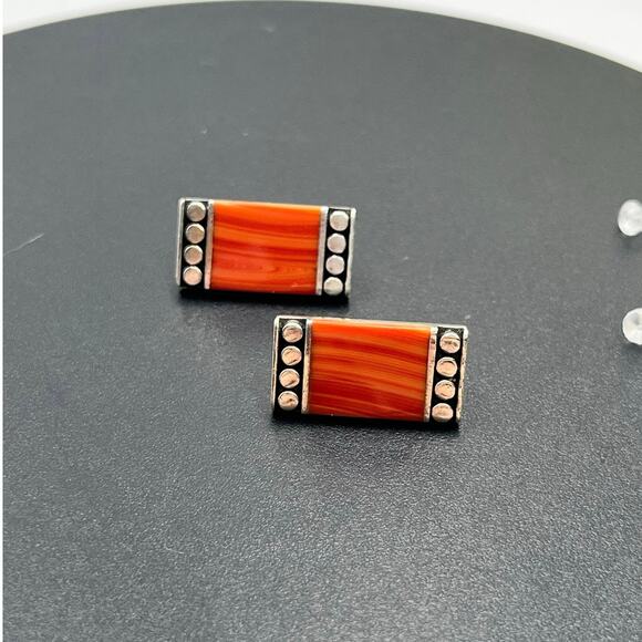 B Designer Vintage Art Deco Sterling Silver and Red Coral Rectangular Earrings - Picture 7 of 9